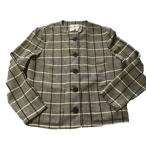 Vintage HERMAN MARCUS Dallas Blazer Women's Sz 12 Herringbone Plaid Black Button